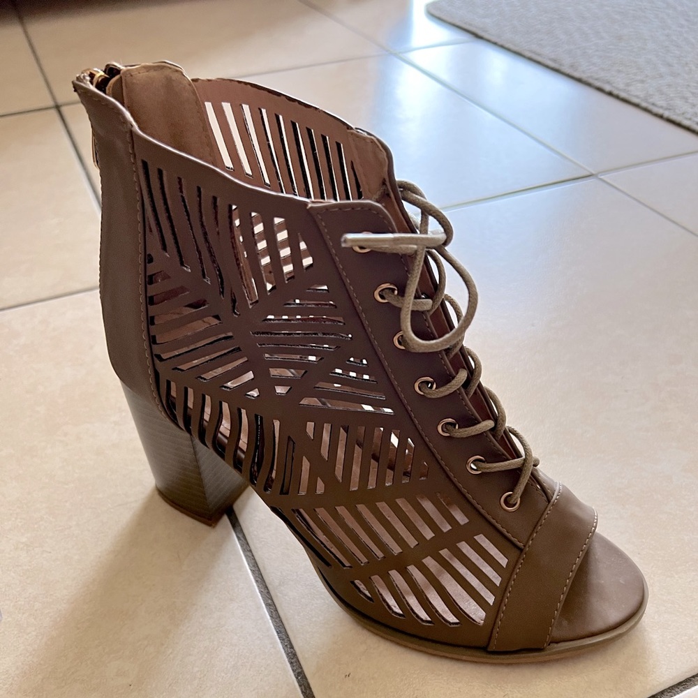 Brown lace up open toe booties
